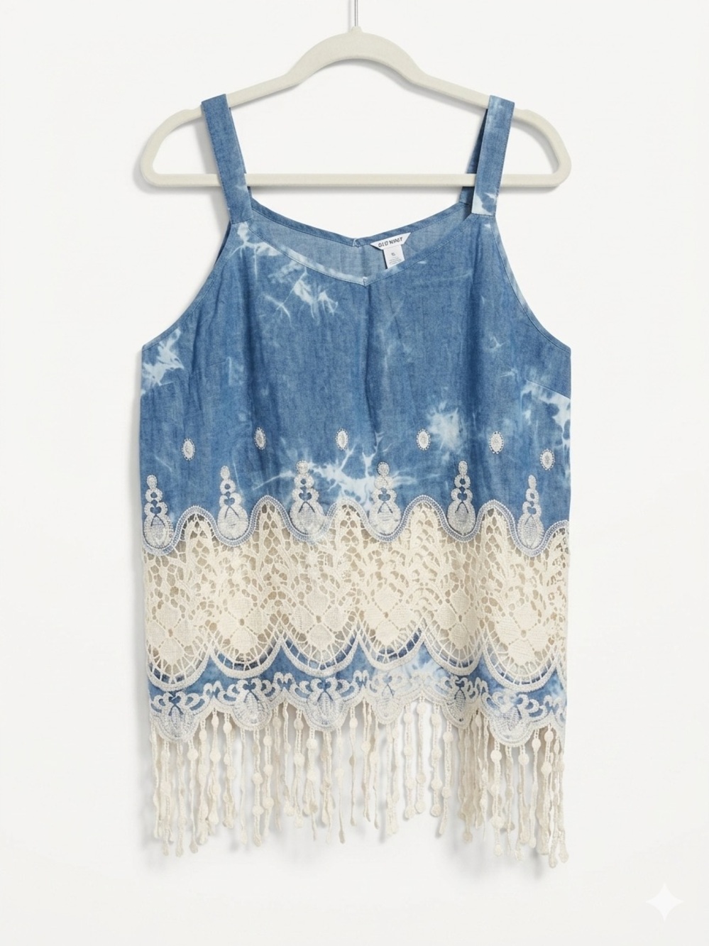 Cato Blue Tie-Dye Tank with Cream Lace Fringe